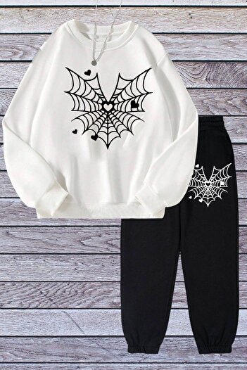 LePold White and Black Spider Pattern Oversize Sweatsirt Tracksuit Set - Girls and Boys