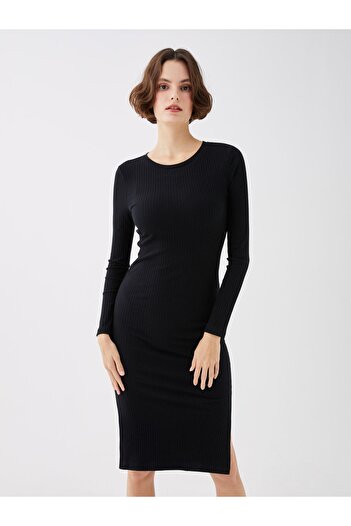 LC Waikiki Women's Bodycon Dress - Crew Neck, Solid Long Sleeve