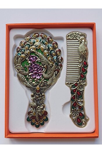 GALATA GIFT Hediyelik Ayna Tarak Seti, Tavuskuşu, Metal, 15x12