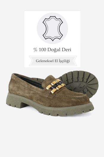 TUNAELLİ Green Suede Women Loafer - Γνήσιο φυσικό δέρμα, αγκράφα, μέγεθος 36-41