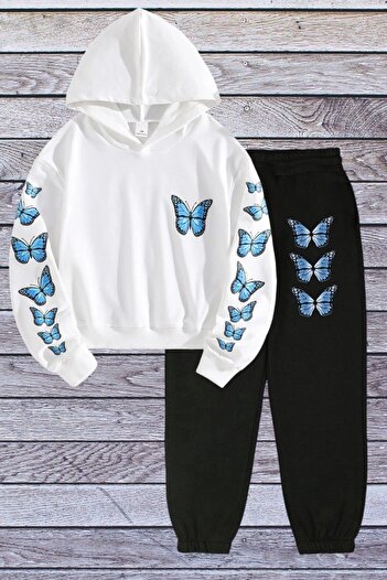 LePold White and Black Butterfly Printed Oversize Sweatsihrt Tracksuit Set - 3 Thread Hooded