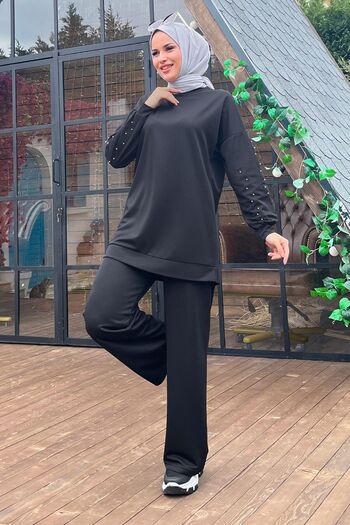 TOFİSA Women's Black Tunic Trousers - Straight Crew Neck - 11538
