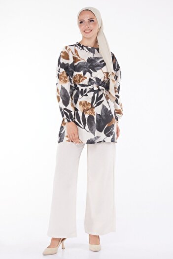 TOFİSA Black Patterned Women's Double Suit - Plain Crew Neck - 13240