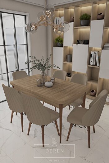 DEREN HOME Alfa Serisi, 80x132 Açılabilir Mdf Yemek Masası Takımı 6 Adet Cappucino Sandalye