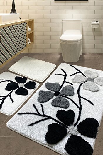 Chilai Home Set de 3 flori gri - 60x100 cm 50x60 cm 40x60 cm Covoraș de baie și covor acrilic