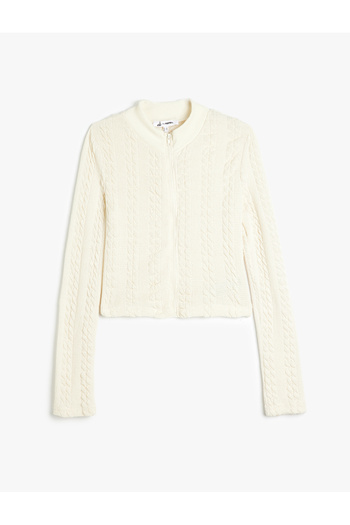 Koton Hair Knitted Textured Zippered Slim Fit Cardigan - Stand Collar