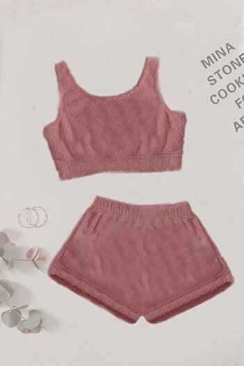 Merry See Single Color 1 Set Sleeveless Strap Plush Fleece Bottom Top Shorts Pajama Set