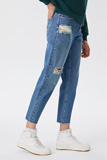 Lee Cooper Marlyn Yüksek Bel Rahat Kesim Daralan Paça %100 Pamuk Mavi Kadın Jean Pantolon