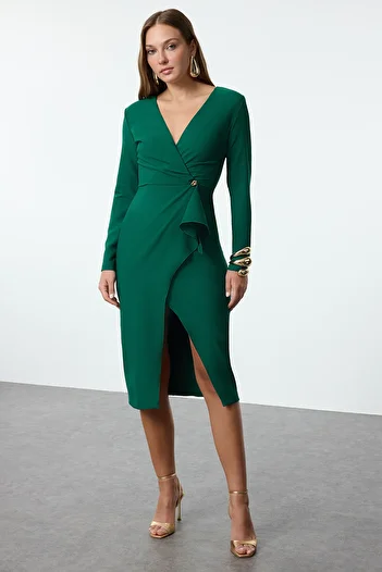 Trendyol Collection Rochie de seară midi țesută detaliată verde smarald Rochie de absolvire de noapte