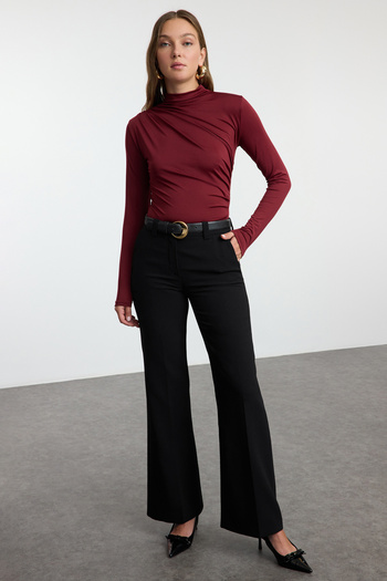 Trendyol Collection Flexible Knitted Body with Stand Collar and Gather Detail - Claret Red, Twoaw24bd00014