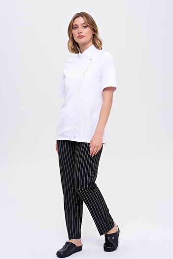 TIPTEKS Women's Royal Short Sleeve White Chef, Chef Jacket and Thick Striped Fully Elastic Chef Trousers Double Set