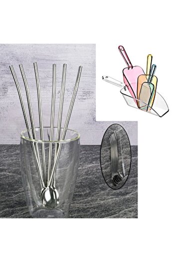 adin tasarım 6-Piece Bar Spoon Set with Straw and 4 Ice Shovels - Cocktail Stirrer Steel Spoon and Shovel