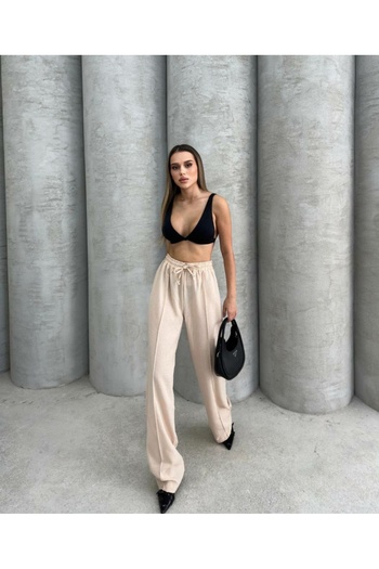 Ayfer Linen Beige Women's Loose Wide Leg Trousers with Shirred Waist