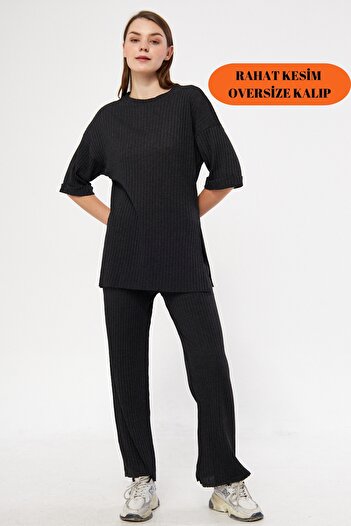 Oyga Anthracite Corded Lycra Women's Tracksuit and Pajama Set - Short Sleeve Report Clothing