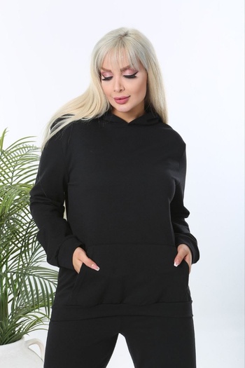 xlargebutik Μαύρα γυναικεία ρούχα σε μεγάλο μέγεθος - Σετ με κουκούλα και τσέπες καγκουρό