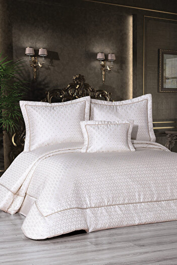 Çt Çeyizci Tekstil 3 Pieces Double Bedspread - Cream Bedspread with Heavy Lace and Dowry Detail