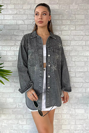GÜLSELİ Stone Detailed Anthracite Denim Jean Jacket - Double Pocket