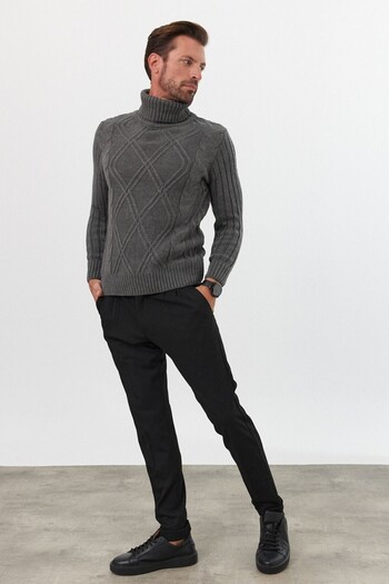 Livio Ferri Men's Diamond Patterned Hair Braided Ribbed Fisherman Full Sweater