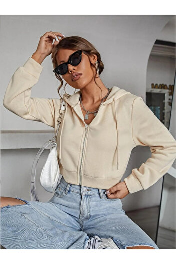 Fun Fashion Γυναικεία ζακέτα με κουκούλα μπεζ με φερμουάρ Oversize με 3 νήματα από χοντρή ράστερ