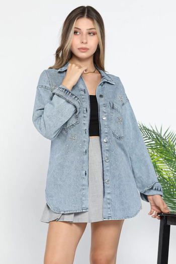 GÜLSELİ Jeans Jacket with Stones Ice Blue - Double Pockets