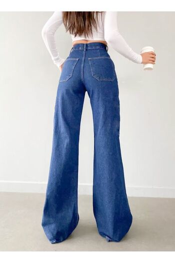 LİMABEL Women's High Waist Blue Loose Jeans Dark Blue Palazzo Jeans