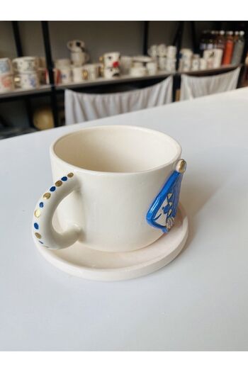 Banuart Ceramic Brown Fincani - Handmade with Blue Fish Fish and Evil Eye Beads