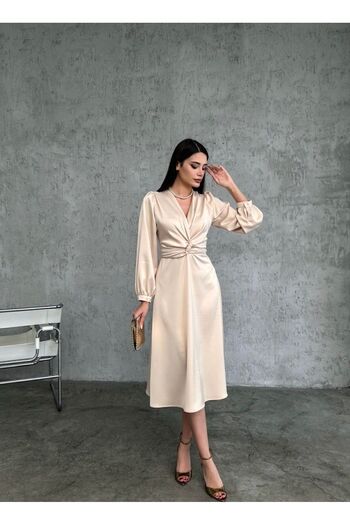 Afiş Butik Σατέν Κρεμ Μίντι Φόρεμα - Συγκεντρωμένη Μέση