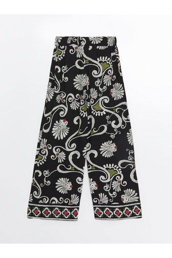 LC Waikiki Gemusterte Damenhose mit weitem Bein und elastischem Bund