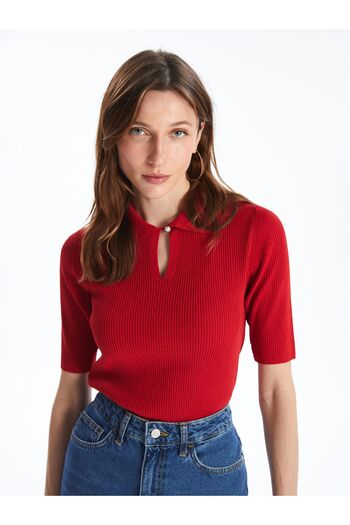 LC Waikiki Damen-Strickpullover – Polokragen, solider Schnitt, kurze Ärmel
