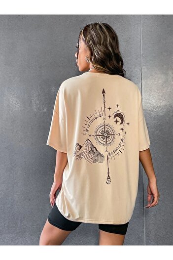 Altamira Μπλουζάκι Unisex Beige Compass Back Printed Oversize