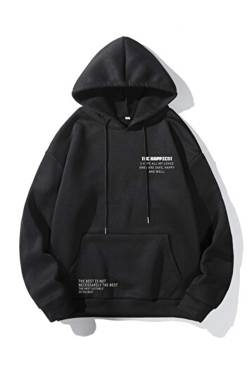 Altamira Unisex Μαύρο Happiest Φούτερ με στάμπα μεγάλου μεγέθους με κουκούλα
