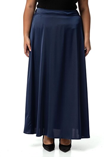 DISENTIS MODEST Fusta lungă din satin bleumarin - mărime mare, evazată cu elastic pe spate