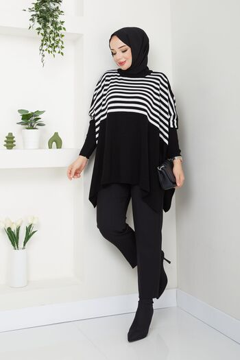 LE CARAMBOLE Black Ecru Striped Oversize Hijab Sweater - Women