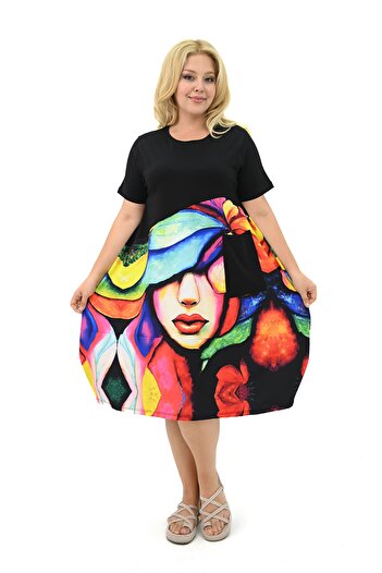 Koza Butik Γυναικείο φόρεμα με ψηφιακή εκτύπωση Plus Size - 5253-25