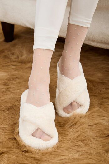 TOFİSA Ecru Plush Women's Cross House Slippers - 23323