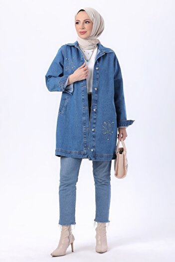 TOFİSA Women's Blue Flotated Straight Shirt Collar Denim Jacket - 23623