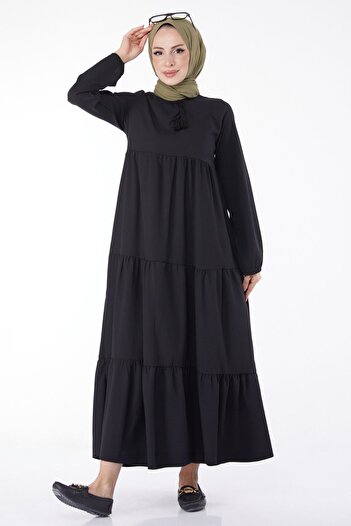 TOFİSA Straight Chief Collar Women's Black Gathered Lace Detailed Dress - 13145