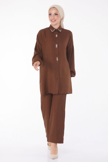 TOFİSA Brown Stone Detailed Plain Shirt Collar Women's Double Set - 13235