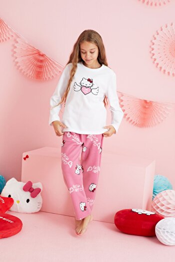 Siyah İnci Hello Kitty Lisanslı Polar Beyaz Çok Renkli Nakışlı Bisklet Yaka Pijama Takım HK319