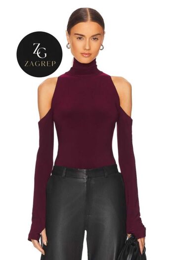 Zagrep Burgundy Turtleneck Silk Jersey Blouse - Off Shoulder, Finger Slip