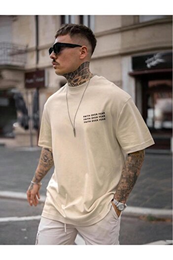 Altamira Ανδρικό μπλουζάκι μπεζ Faith Over Printed Oversize