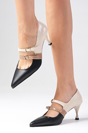 Mio Gusto Amber Black Pointed Toe Double Strap Women's Heeled Shoes