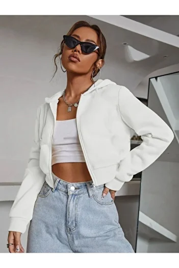 LOUİSA Cardigan alb cu glugă și fermoar Raster Crop - Femei