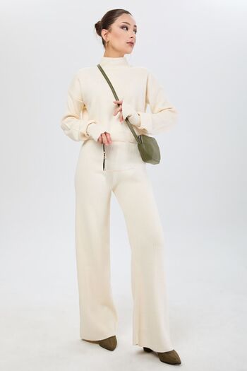 TOFİSA Beige Color Women's Knitwear Set - Plain Half Turtleneck - 24172