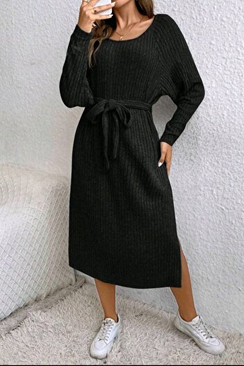 missamour Black Loose-Fit Slit Women's Dress - Waist-Tied