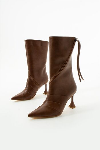 Gökçe Shoes Tan Emma Pleat Detailed Zippered Women's Heeled Boots