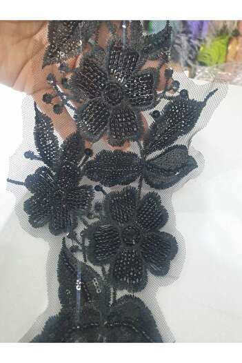 ESRA ŞELEM Black Bead Embroidered Lace Embroidery Guipure Applique Decorative Ribbon Accessory Hobby 2Pcs