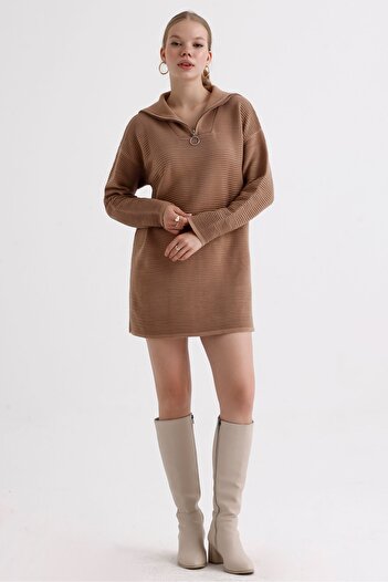 MD trend Patterned Zippered Oversize Knitwear Women's Tunic Dress