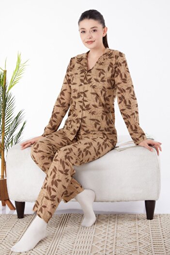 TOFİSA Brown Long Sleeve Plain Medium Women's Pajamas Set - 25356