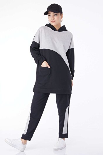 TOFİSA Women's Gray Hooded Long Sleeve Tracksuit Set - Straight Collar - 13121